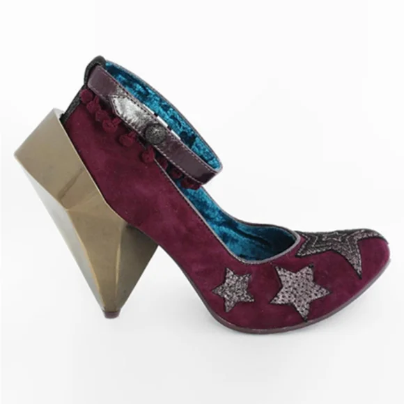 Irregular Choice Burgundy Heels with Silver Stars - Picture 1 of 11